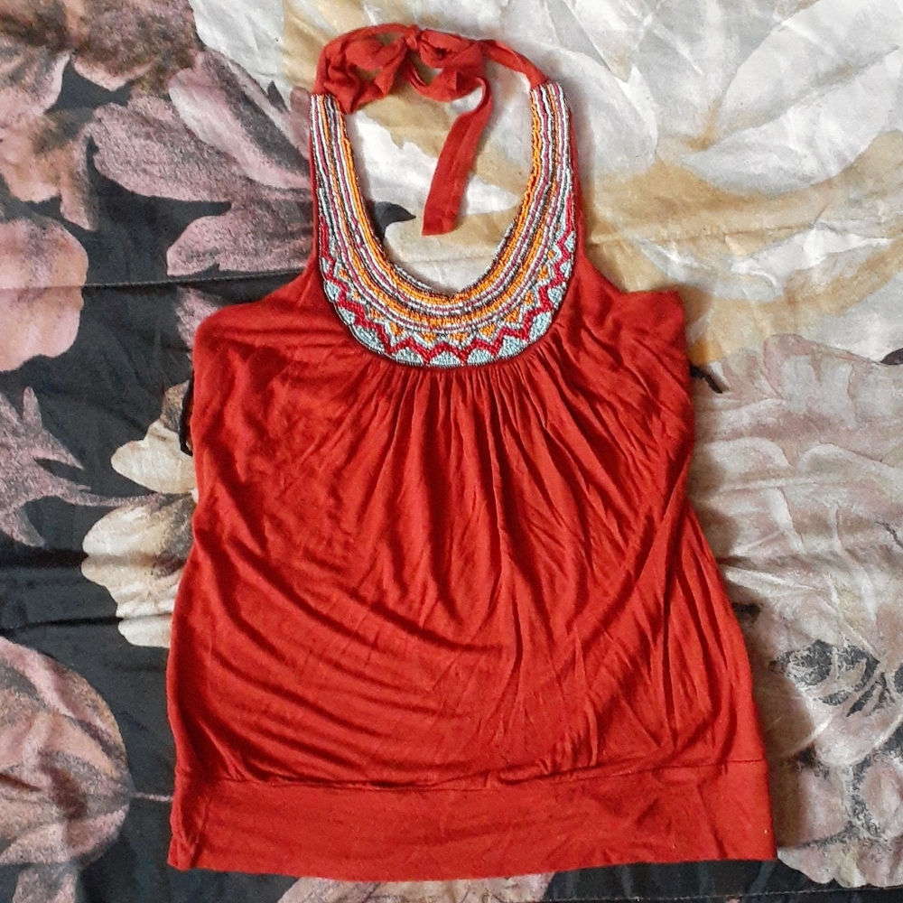 Orange Beaded Halter Top